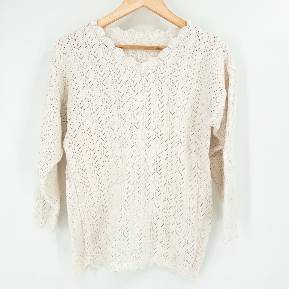 Vintage 90s Cream Open Knit Sweater Womens M Scallop Boho‎ Cottagecore 90s White